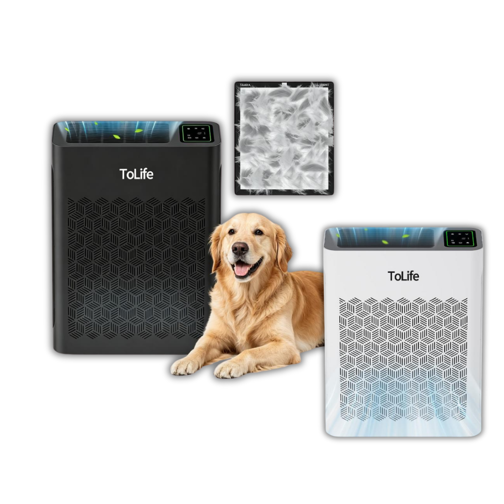 AirPaw air purifiers in black and white with a golden retriever